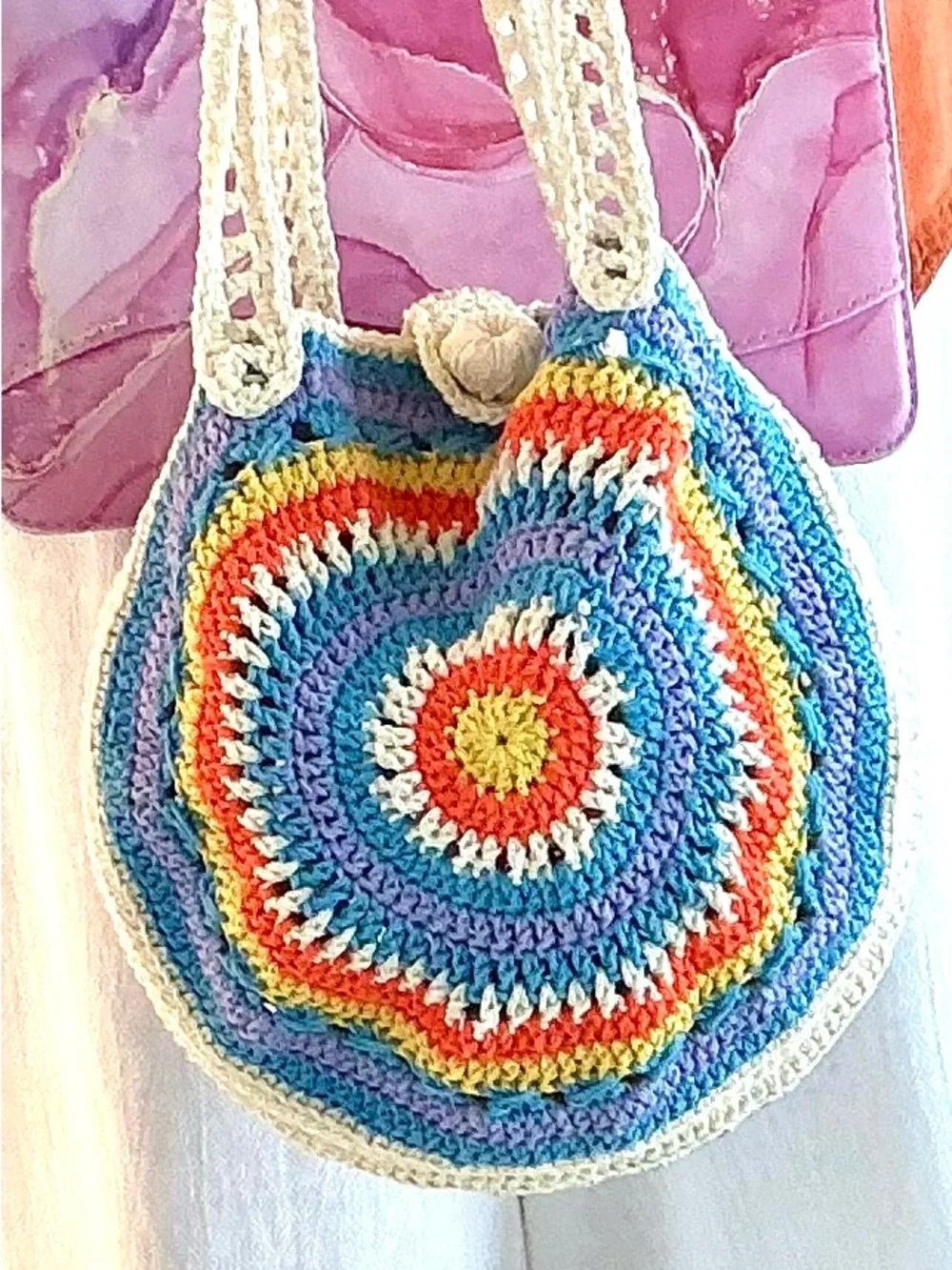 Boho Hippie Retro Shoulder Bag, Summer Crocheted Colorful Bag NEW - Picture 3 of 6
